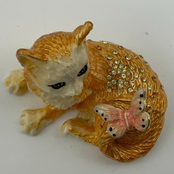Cat with Butterfly Hinged Trinket Box, Jeweled & Enamel - NEW - Picture 3 of 10